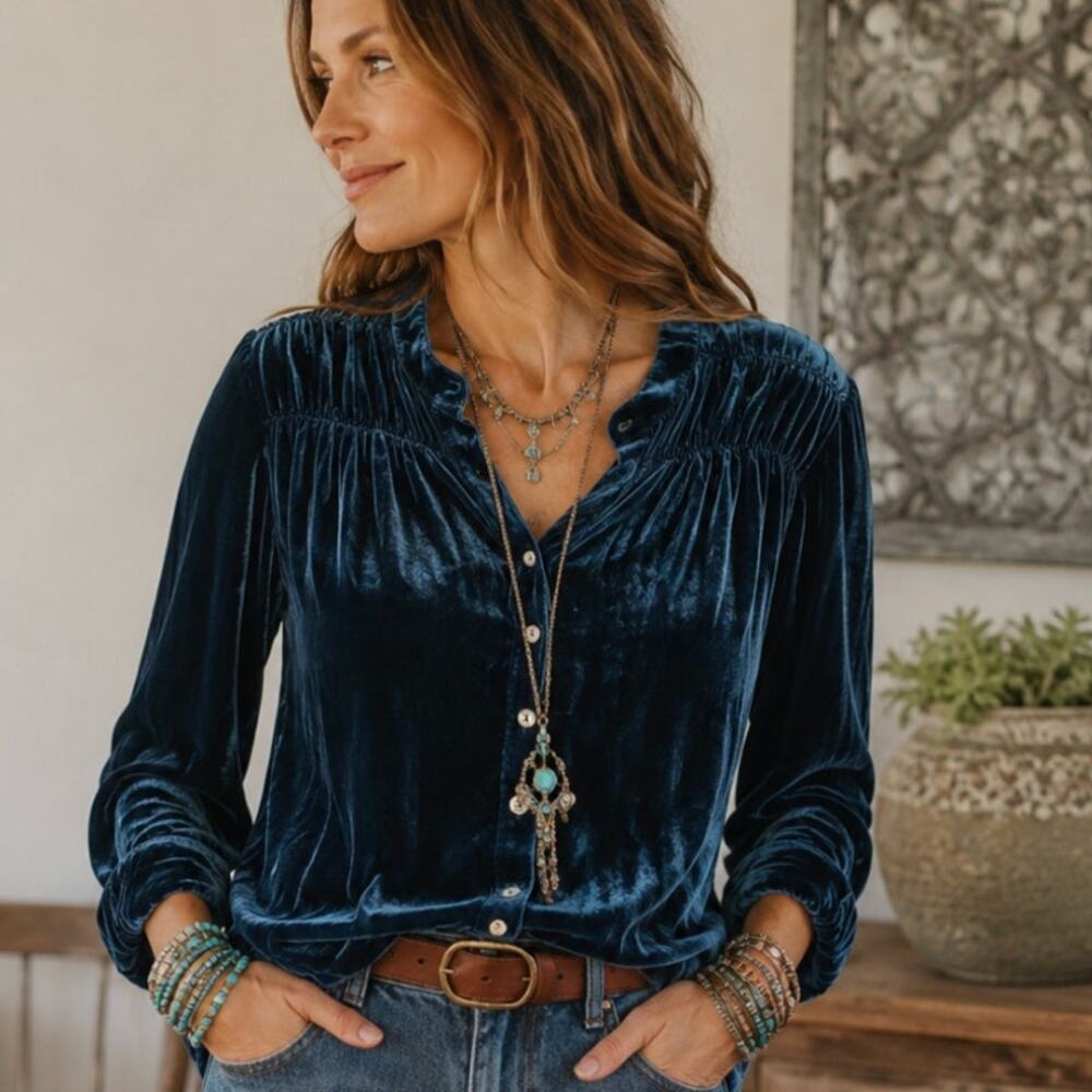 Lisa Bayne Velvet Silk Blend Button Front Blouse XS Blue Boho Romantic Tunic